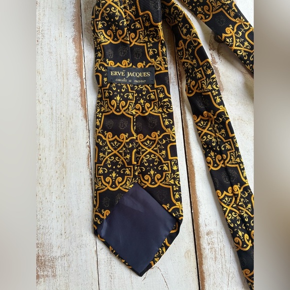 ERVE JACQUES men’s vintage baroque floral ornate silk tie black yellow gold EUC - Picture 6 of 8